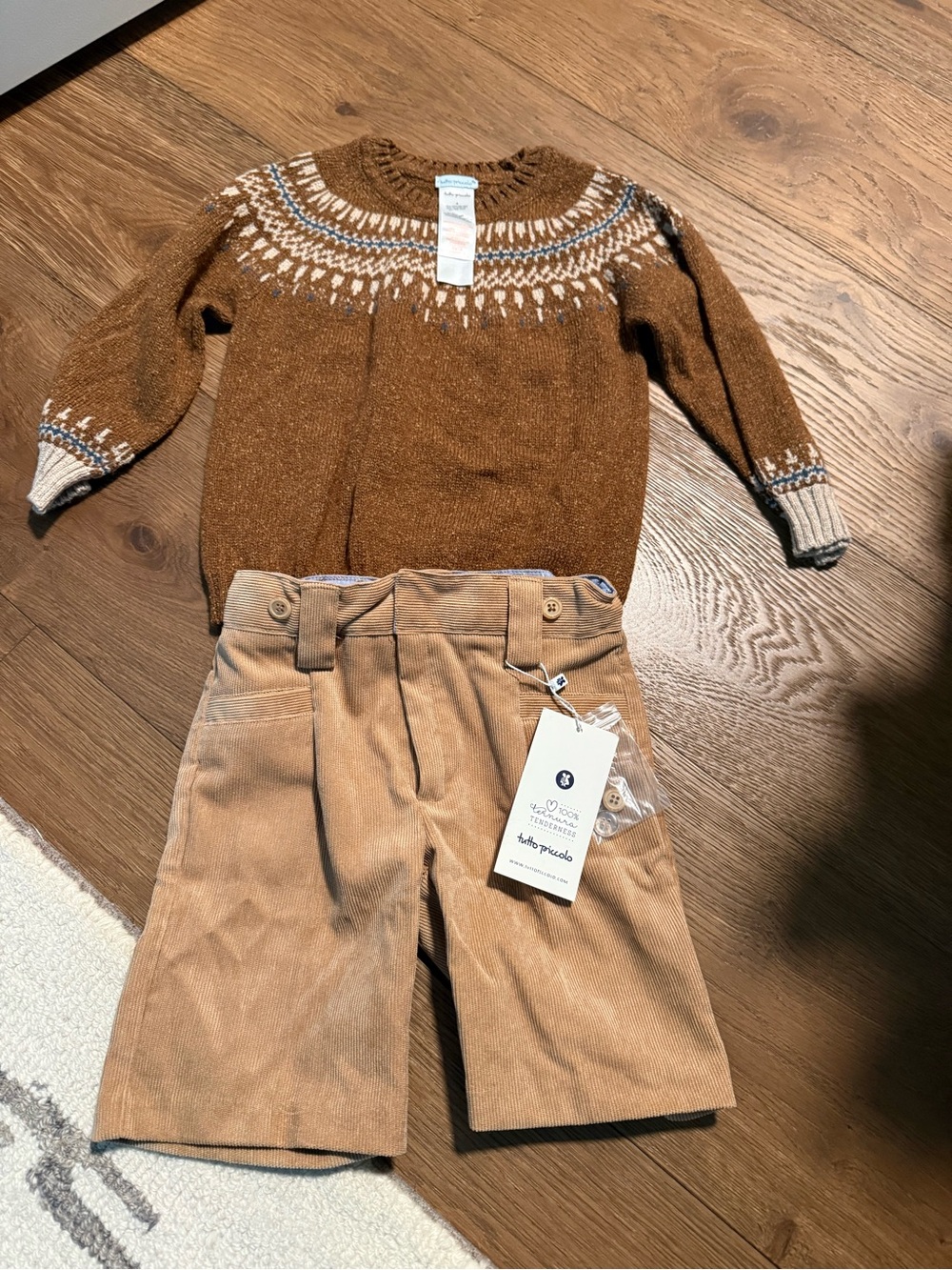 Tutto Piccolo Brown Fair Isle Sweater & Tan Corduroy Shorts Set by Tutto Piccolo